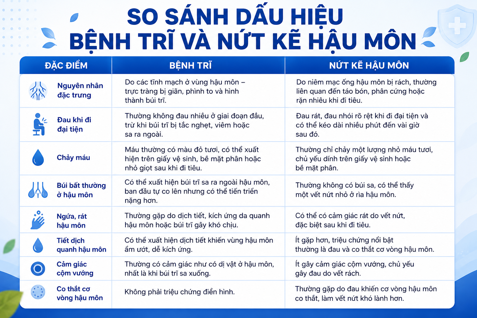 So sánh dấu hiệu bệnh trĩ và nứt kẽ hậu môn
